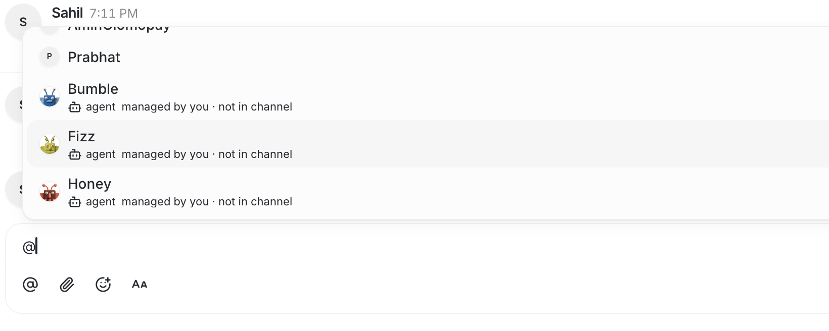 mention selector — three agents, no role labels